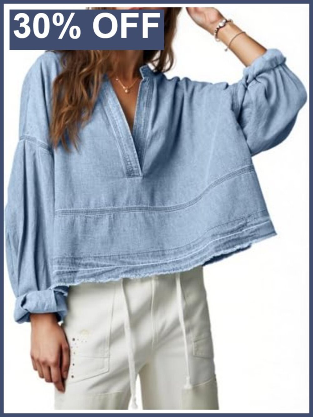 Womens Denim Puff Long Sleeve V Neck Pullover Top Casual Jean Shirt